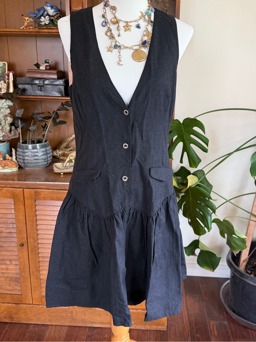 Free People Charcoal/Black Sleeveless Vest Style Button-Front Wool Dress 10